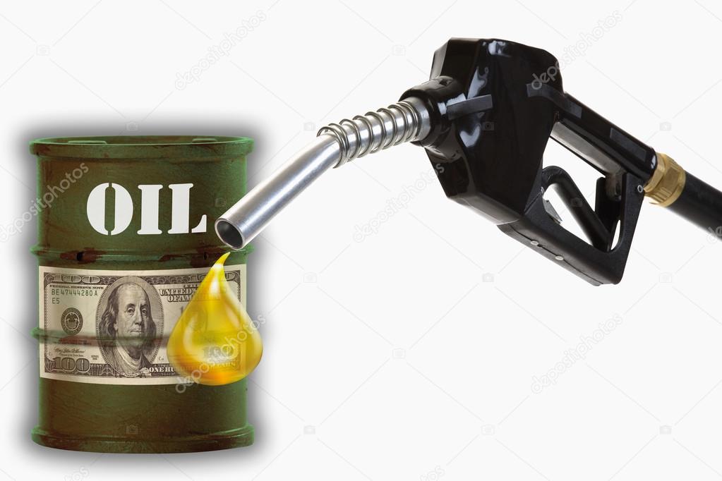 Oil drum with sign of dollar note and fuel nozzle with  drop of 