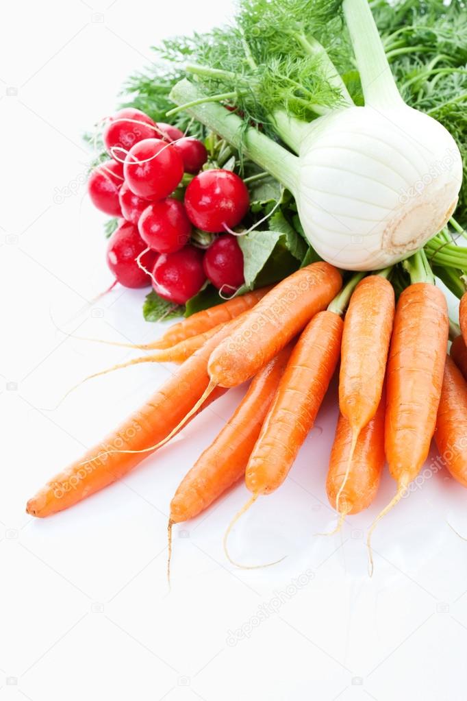 Radish,fennel and carrots on white background