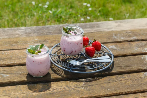 Picnic with strawberry yogurt — Stock Photo, Image