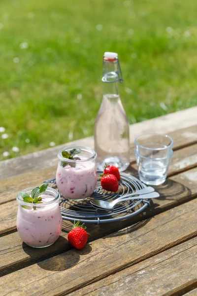 Picknick mit Erdbeerjoghurt und Limonade — Stock Photo, Image