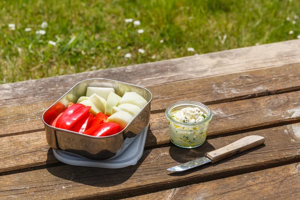 Piknik, dip a salátu, papriky a kedlubny — Stock fotografie