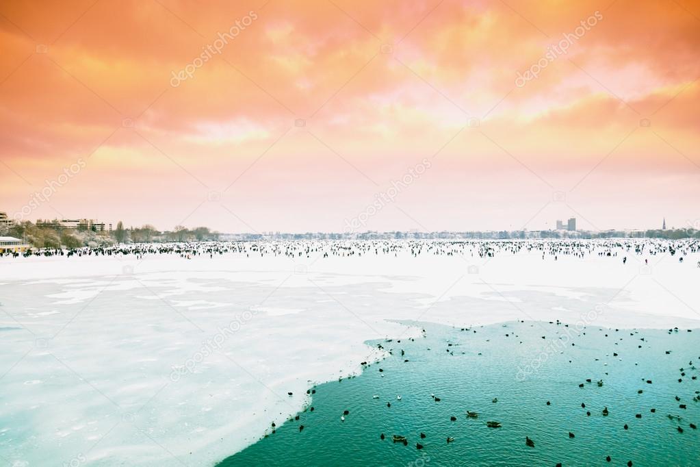 Germany, Hamburg, ice covered Aussenalster during winter