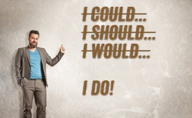 Businessman pointing to text, I could, should, would, I do clipart