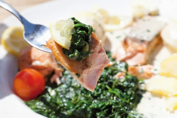 Nahaufnahme von gebratenem Lachs mit Spinat, Salzkartoffeln und Sahne — Stockfoto