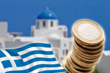 Euro Grexit, paralar, bayrak, Yunanistan, Santorini