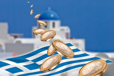 Euro Grexit, paralar, bayrak, Yunanistan, Santorini