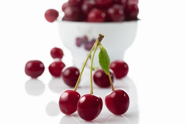 Cerezas agrias en cuenco, fondo blanco —  Fotos de Stock