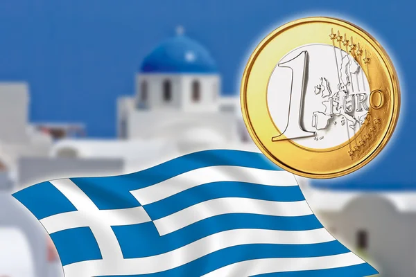 Grexit, Евро монеты, флаг, Греция, Санторини — стоковое фото