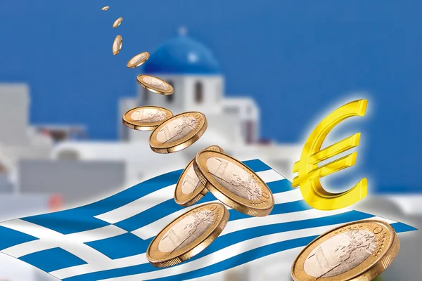 Grexit, Евро монеты, флаг, Греция, Санторини — стоковое фото