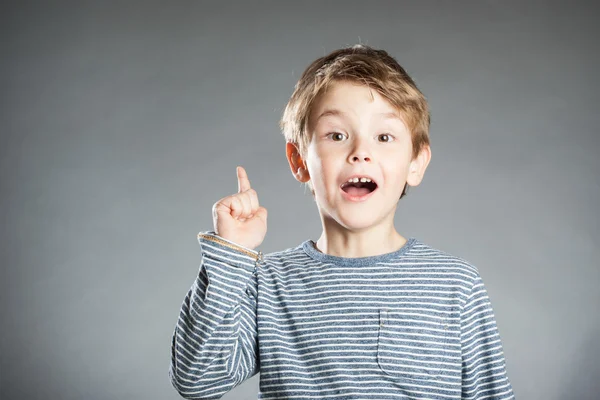 Retrato de menino, emoção, gesto, ideia, fundo cinza — Fotografia de Stock