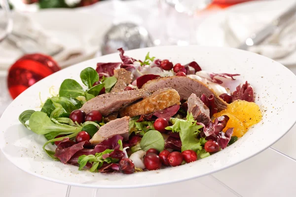 Goose breast on lamb's lettuce, cranberries, orange filets on pl — Stock Photo, Image