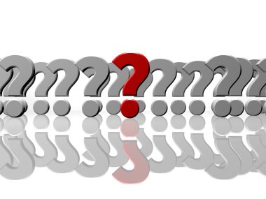 Birçok soru işaretleri, biri kırmızı, 3d render