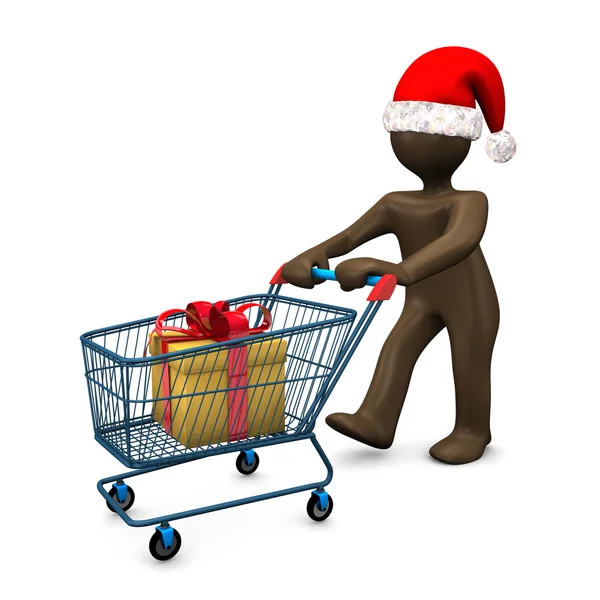 3D Illustration, Brown figurine with christmas hat, shopping, pr — Stock Photo, Image