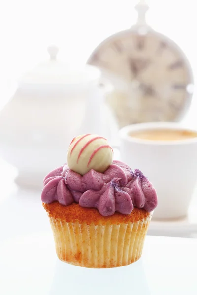 Close up of buttercream black currant cupcake with chocolate tru — Stock Photo, Image