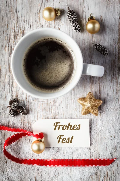 Christmas time, festive still life, cup of coffee, Frohes Fest, — Stock Photo, Image