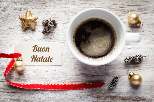 Weihnachten, festliches Stillleben, Tasse Kaffee, italienisch, Zeichen — Stockfoto