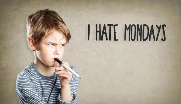 Boy on grunge background, I hate mondays — Stock Photo, Image