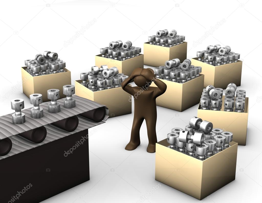 3D Illustration, Brown figurine, overwhelmed worker on productio