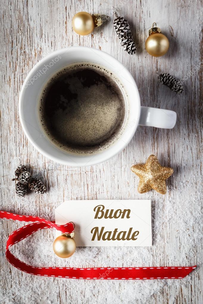 Christmas time, festive still life, cup of coffee, italian, sign