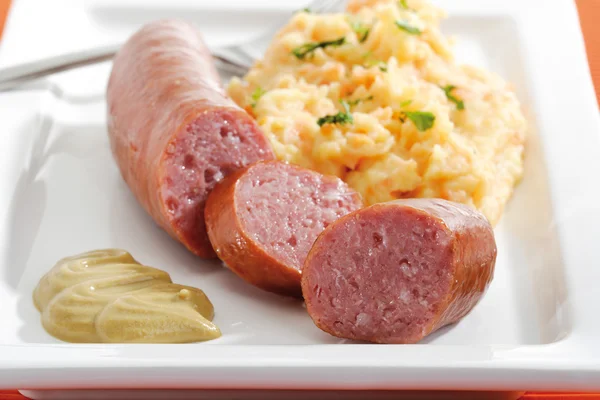 Typisk tysk Mettwurst med potatismos och senap — Stockfoto