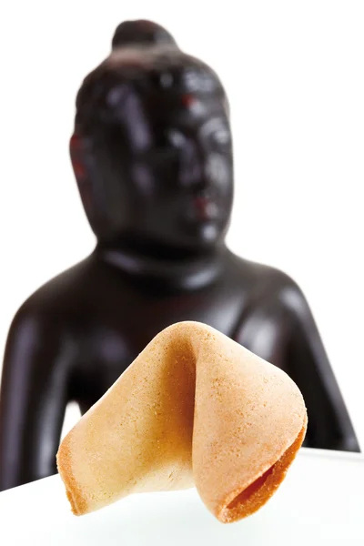 Fortune cookie and buddha head, close-up — Stock Photo, Image