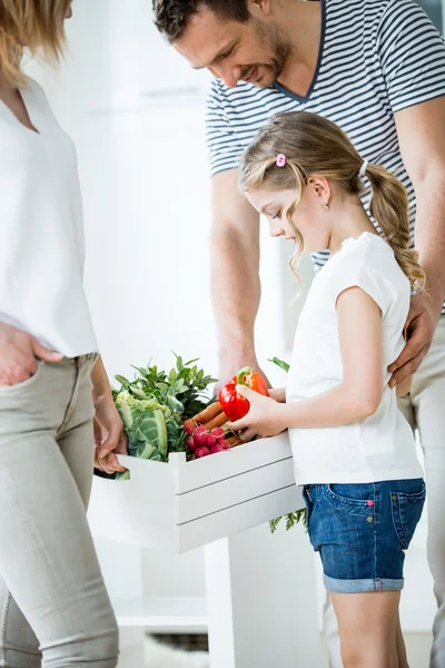 Молодая семья с овощной коробкой на кухне — стоковое фото