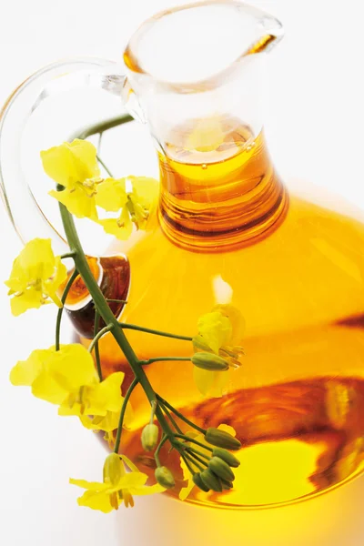 Rapeseed oil in jar with rape blossom on white background — Stock Photo, Image