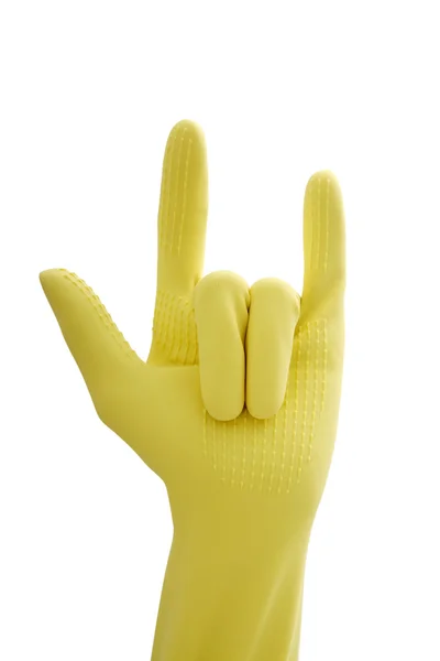 Hand in rubber gloves gesturing, close up — Stock Photo, Image