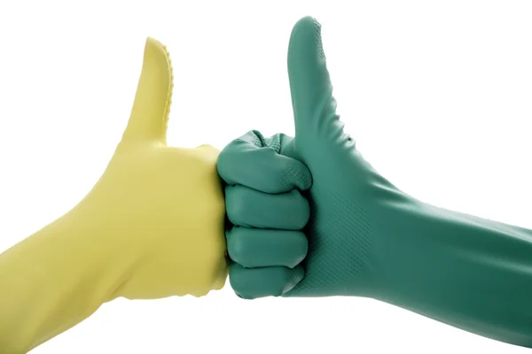 Two hands in rubber gloves gesturing OK — Stock Photo, Image