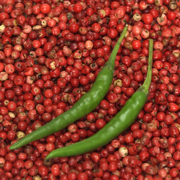 Chiles verdes sobre pimiento rojo, primer plano —  Fotos de Stock