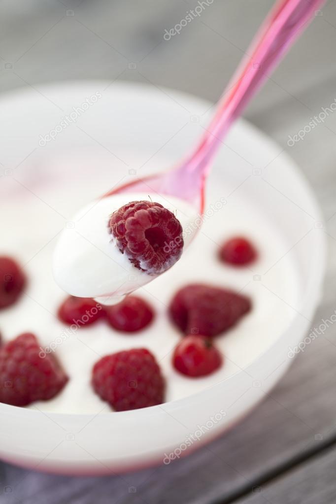 Close up of yoghurt with raspberries and red currants in a bowl