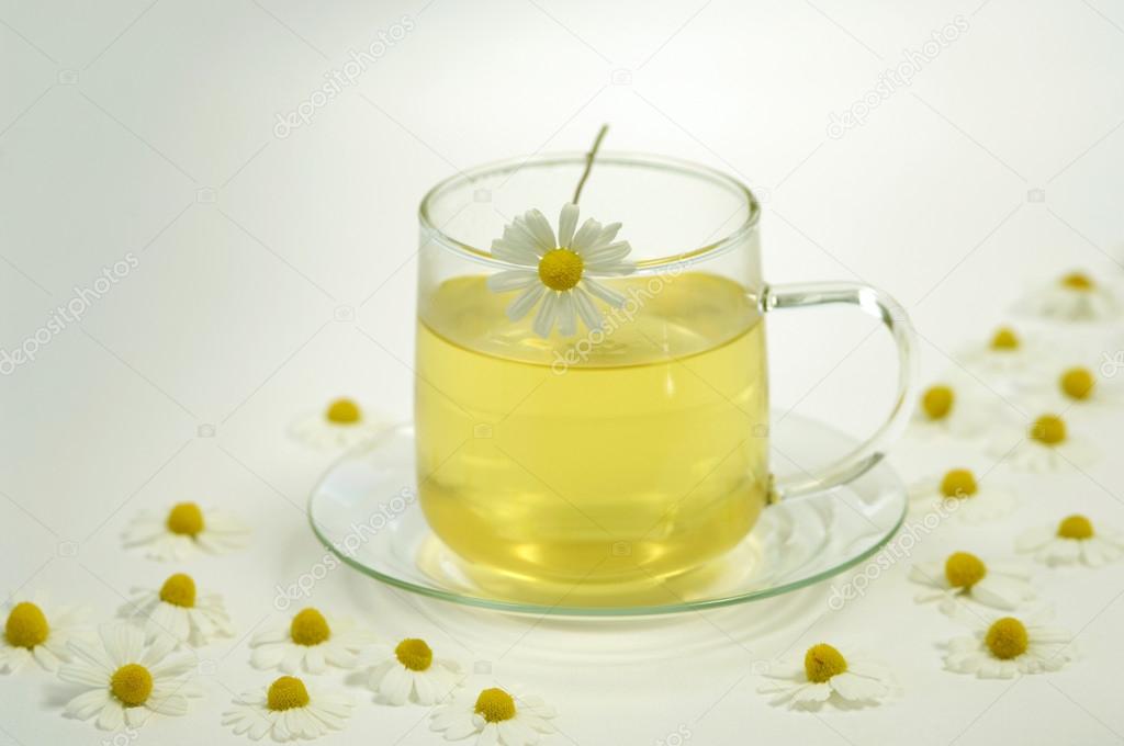 Chamomile tea in glass tea cup