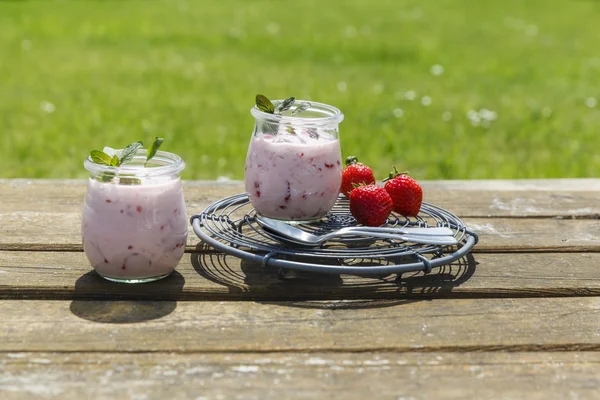 Picnic with strawberry yogurt — Stock Photo, Image