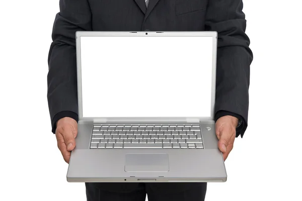Pengusaha yang memegang laptop — Stok Foto