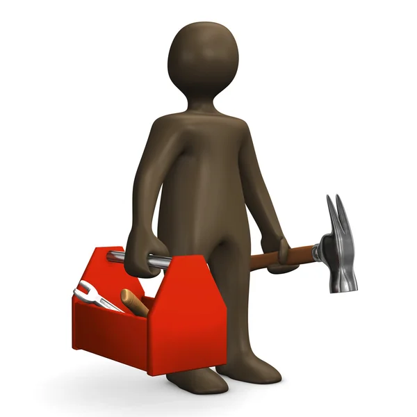 Carpinteiro com caixa de ferramenta vermelha — Fotografia de Stock