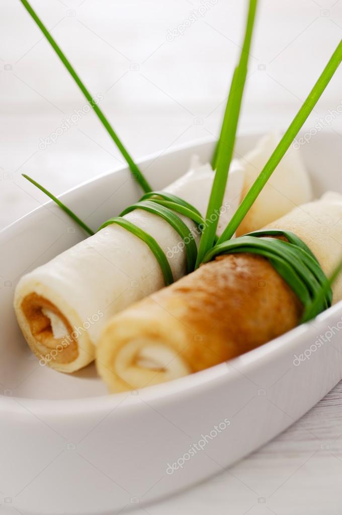 Crepes rolled up and wrapped