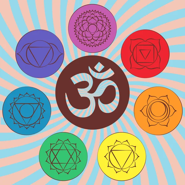 Chakra piktogram och symbol Om i centrum. Uppsättning av chakran används i hinduismen, buddhismen och Ayurveda. Element för din design. Vektor illustration — Stock vektor