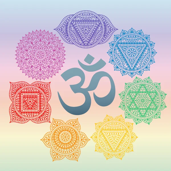 Set zeven chakra's en symbool Om in het centrum. Oosterse versieringen voor henna tattoo en voor uw ontwerp. Boeddhisme decoratieve elementen. Vectorillustratie. — Stockvector