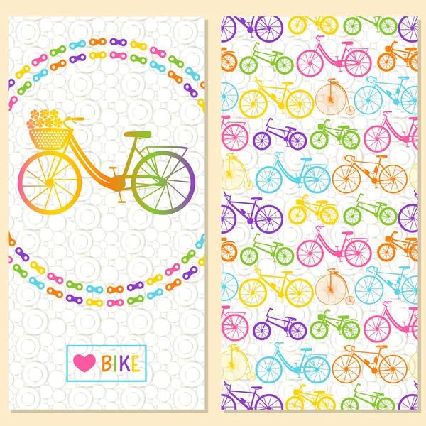 Tarjeta de invitación con bicicleta en la corona de cadena, texto amor bicicleta en marco rectángulo. En la parte posterior seis tipos de bicicletas: montaña, carretera, ciudad, bmx, niños y bicicletas de pedos de centavo. Fondo con círculos . — Vector de stock