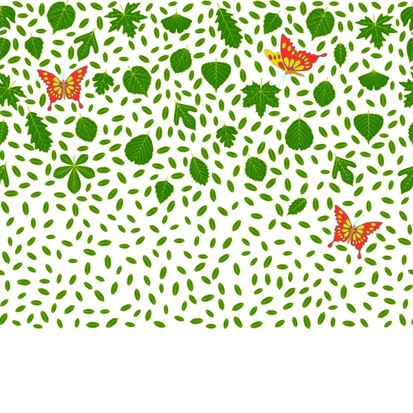 Tavaszi háttér készült különböző fa levelei és a pillangók. Különböző elemek design. Rajzfilm vektoros illusztráció. Zöld friss színek. — Stock Vector