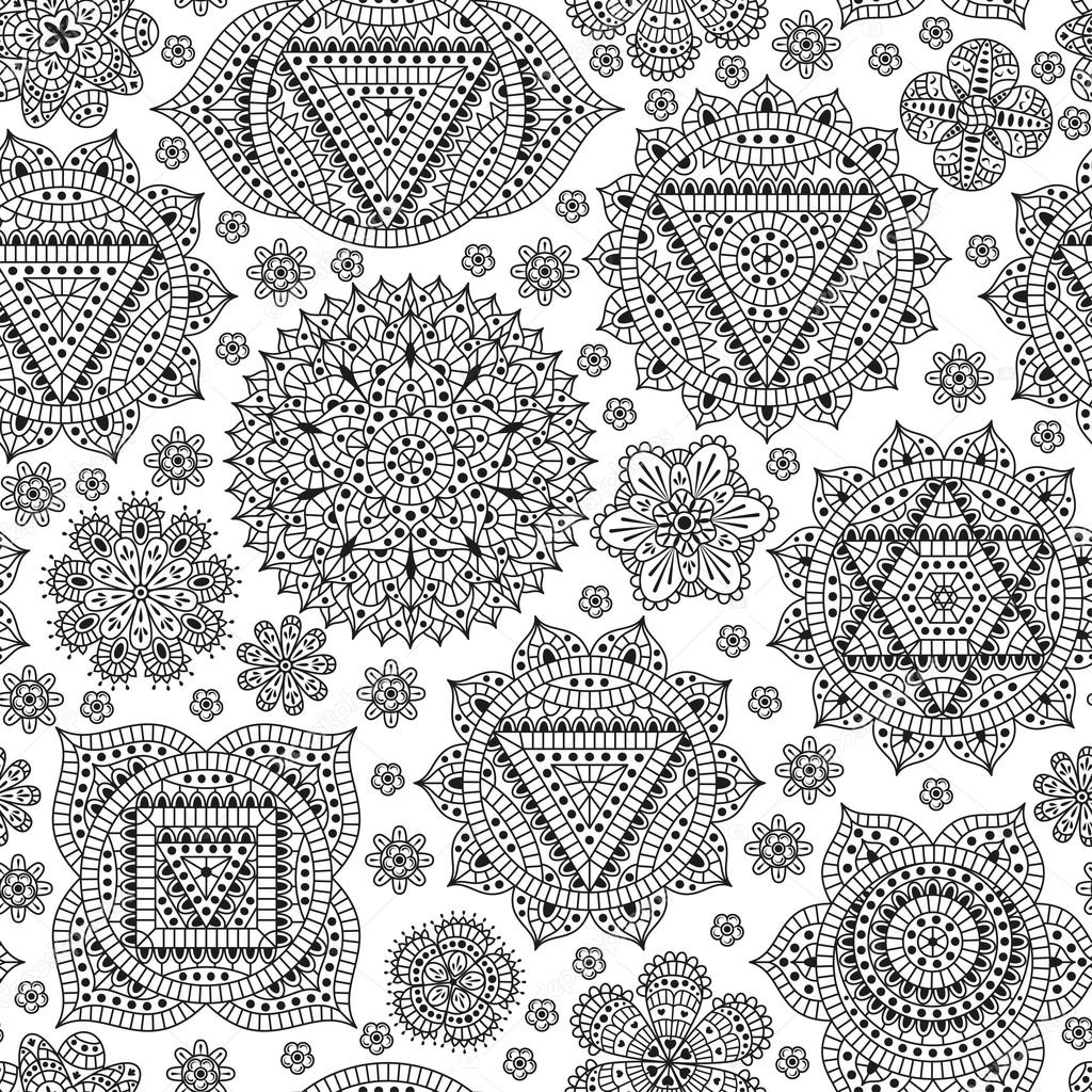 Seamless pattern with seven chakras. Oriental ornaments for henna tattoo and for your design. Buddhism decorative elements. Vector illustration.