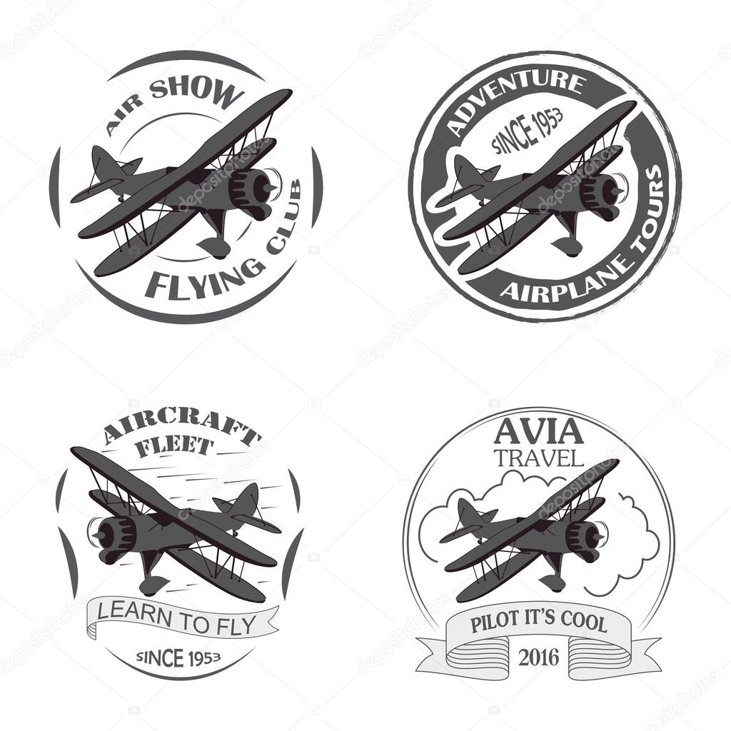 Vintage airplane emblems. Biplane labels. Retro Plane badges, plane design elements. Aviation stamps collection Aerial logo and logotype. Fly stamps isolate, pilot academy symbols Vector Jet elements.