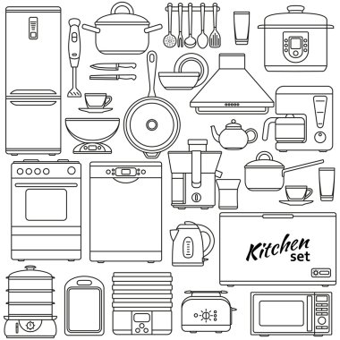 Set of line icons. Kitchen appliances and accessories. Oven and saucepan, fridge and teapot, stove and kettle. Contour icons. Info graphic elements. Simple design. Vector illustration.