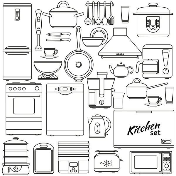 Set of line icons. Kitchen appliances and accessories. Oven and saucepan, fridge and teapot, stove and kettle. Contour icons. Info graphic elements. Simple design. Vector illustration.