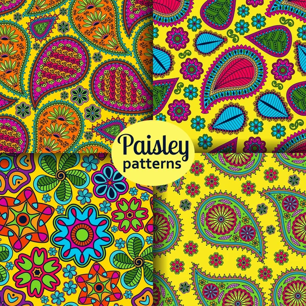 Paisleys ve çiçekler ile dikişsiz desenler ayarlayın. Parlak renklerde romantik tasarım Vektör illüstrasyon. — Stok Vektör