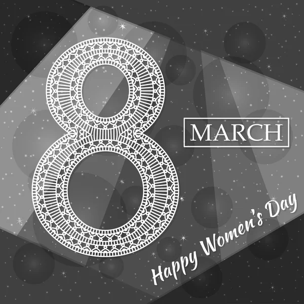 Womens Day greeting card. Beautiful crochet  white figure eight, text 8 March, Happy Womens Day, modern material design style at the background. Vector illustration. — Stock Vector