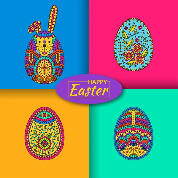 Készlet három húsvéti tojás és a fehér húsvéti nyúl. Modern anyagi háttér, hátul. Vektoros illusztráció. — Stock Vector