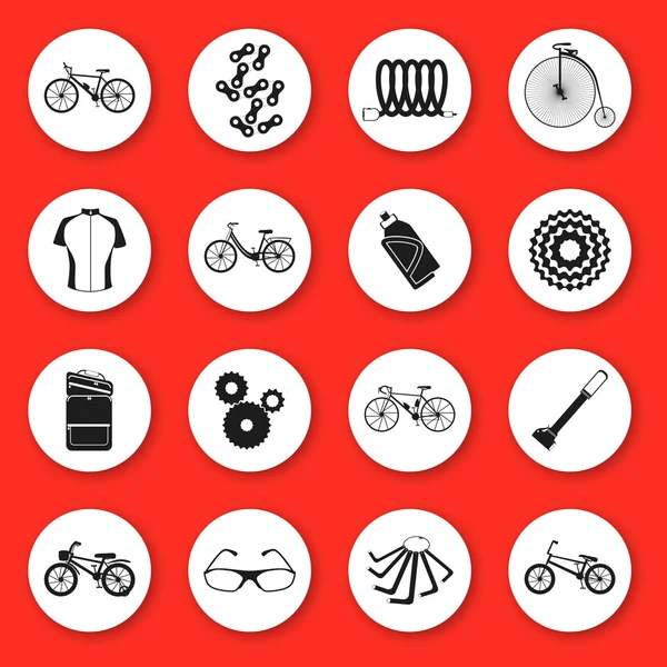 Conjunto de iconos de silueta. Seis tipos de bicicletas: mountain (o cross-country), road bike, city bike, bmx bike, kids bike y penny pedting bike (o retro, vintage). Y algunos accesorios de bicicleta . — Vector de stock