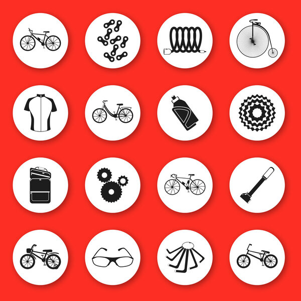 Set of  silhouette icons. Six kinds of bicycles: mountain (or cross-country) bike, road bike, city bike, bmx bike, kids bike and penny farting bike (or retro, vintage). And some bike accessories.