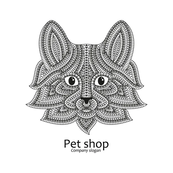 Kreatív stilizált macska fej etnikai boho stílusban. Jó a logó, díszítő tetoválás, póló tervezés. Állat háttere. Rendkívül részletes absztrakt kézzel rajzolt stílus. Szöveg kisállat bolt. Vektoros illusztráció — Stock Vector